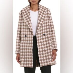 Avec Les Filles Plaid Shawl Collar Peacoat In Tan Brown houndstooth plaid Small